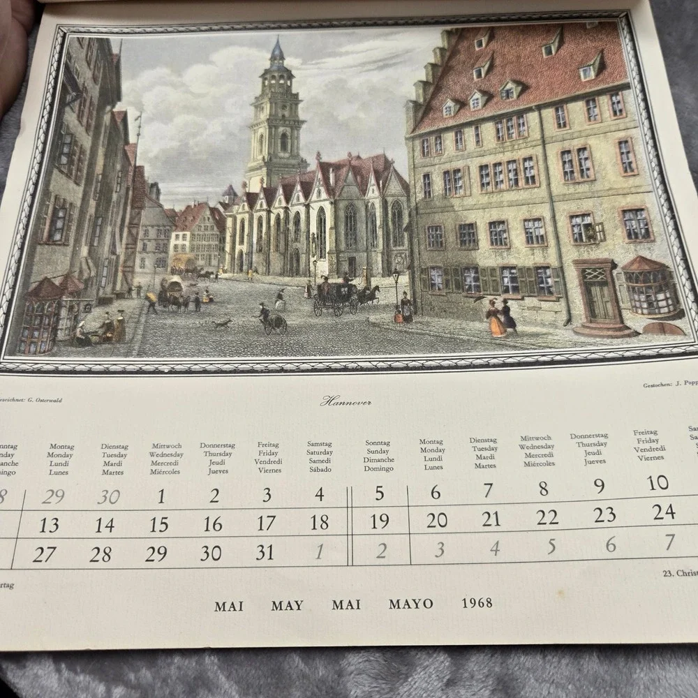 Vintage 1968 A Universe Calendar German Cities Illustrations Hamburg Würzburg